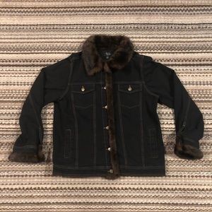 Dennis Basso Black Denim Jacket With Faux Fur